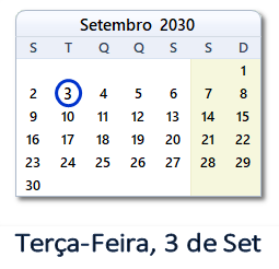 3 Setembro 2030 calendario