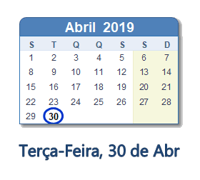 30 Abril 2019 calendario