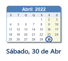 30 Abril 2022 calendario