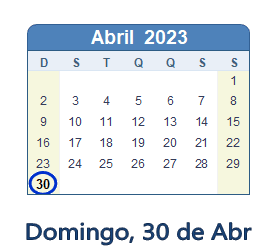30 Abril 2023 calendario