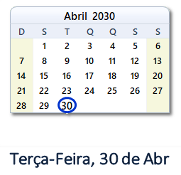 30 Abril 2030 calendario