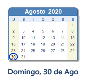 30 Agosto 2020 calendario