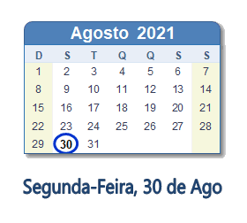 30 Agosto 2021 calendario