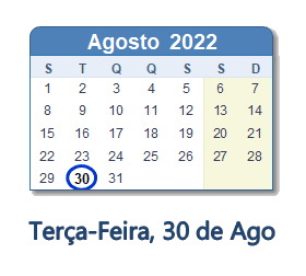 30 Agosto 2022 calendario