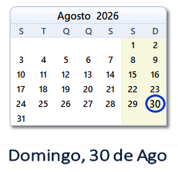 30 Agosto 2026 calendario