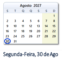 30 Agosto 2027 calendario