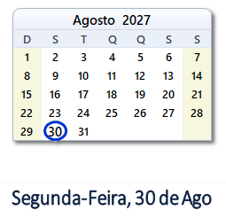 30 Agosto 2027 calendario