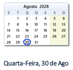 30 Agosto 2028 calendario