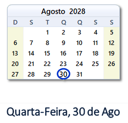 30 Agosto 2028 calendario