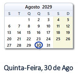 30 Agosto 2029 calendario