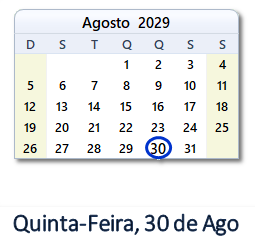 30 Agosto 2029 calendario
