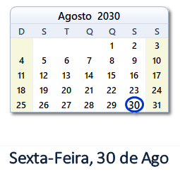 30 Agosto 2030 calendario