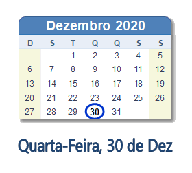 30 Dezembro 2020 calendario