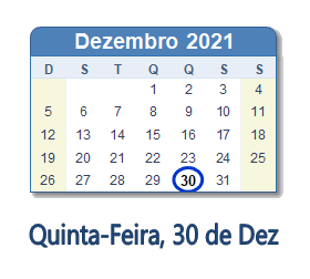 30 Dezembro 2021 calendario