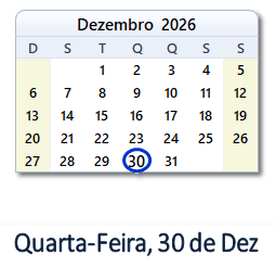 30 Dezembro 2026 calendario