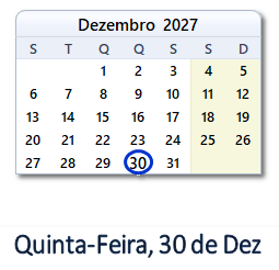 30 Dezembro 2027 calendario