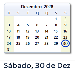 30 Dezembro 2028 calendario