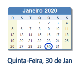 30 Janeiro 2020 calendario