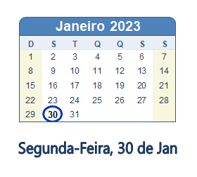 30 Janeiro 2023 calendario