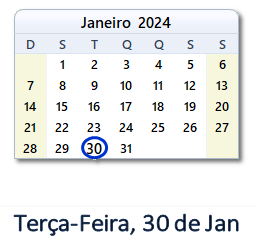 30 de Jan, 2024 Calendário com Feriados e Cont. Regressiva - BRA