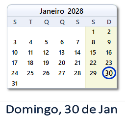 30 Janeiro 2028 calendario