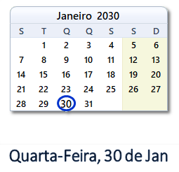 30 Janeiro 2030 calendario