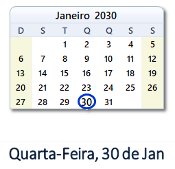 30 Janeiro 2030 calendario