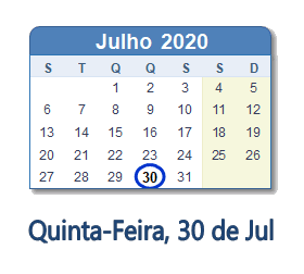 30 Julho 2020 calendario