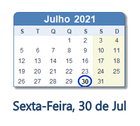 30 Julho 2021 calendario