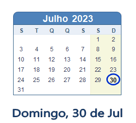 30 Julho 2023 calendario