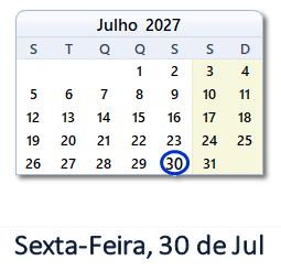 30 Julho 2027 calendario