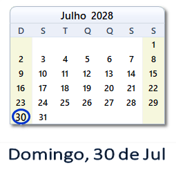 30 Julho 2028 calendario