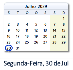 30 Julho 2029 calendario