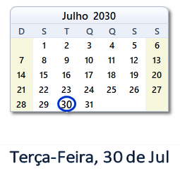 30 Julho 2030 calendario