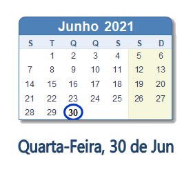 30 Junho 2021 calendario