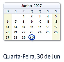 30 Junho 2027 calendario