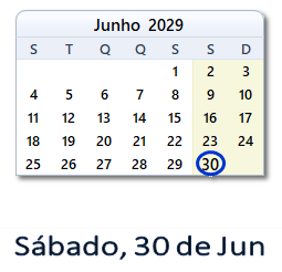 30 Junho 2029 calendario