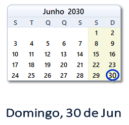 30 Junho 2030 calendario