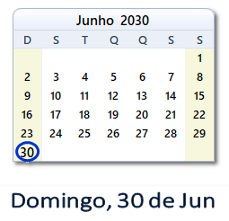 30 Junho 2030 calendario