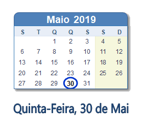 30 Maio 2019 calendario