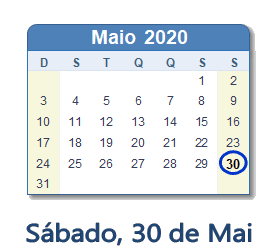 30 Maio 2020 calendario