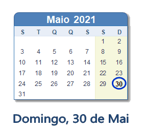 30 Maio 2021 calendario