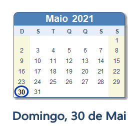 30 Maio 2021 calendario