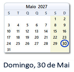 30 Maio 2027 calendario