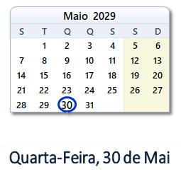 30 Maio 2029 calendario