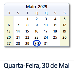 30 Maio 2029 calendario