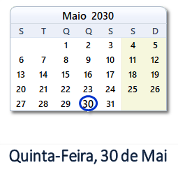 30 Maio 2030 calendario