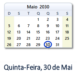 30 Maio 2030 calendario