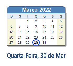 30 Março 2022 calendario