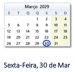 30 Março 2029 calendario
